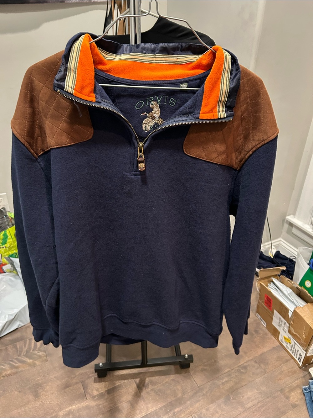 Orvis Navy Quarter-Zip w/ Brown Shoulder Panels and Orange Collar Trim Size L